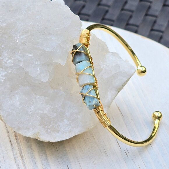 Larimar 3-Stone Wire Wrap Cuff โ 14Kt Gold Over Copper โ Ocean Calm Talisman - Picture 4 of 13